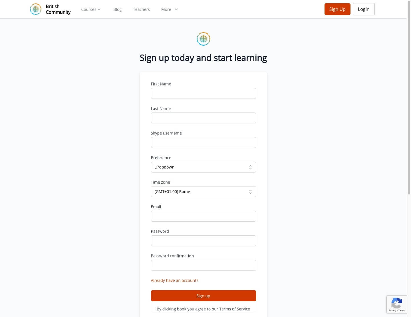 the sign up page